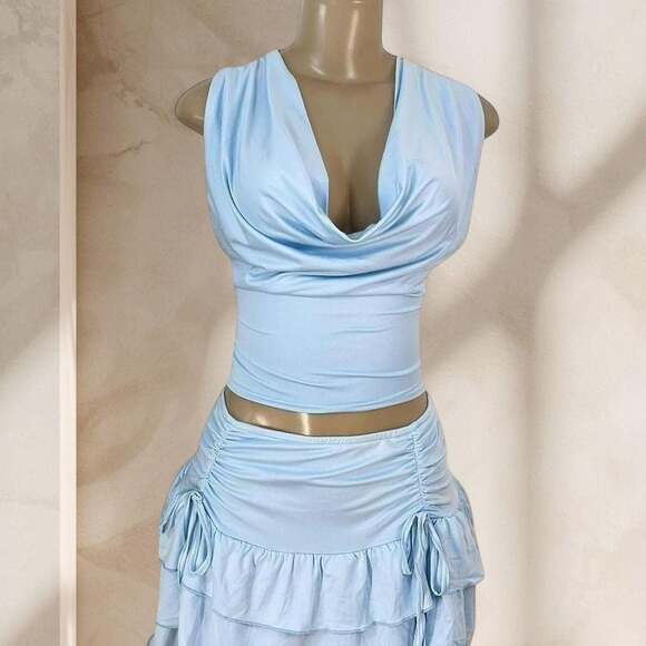 Suviafashion Dresses & Skirts - Baby Blue Two Piece Skirt Set – Halter Crop Top & Ruffle Mini Skirt Y2K Cute ✧ M